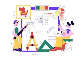 Illustration of an Interior Designer Planning Room Layout and Color Selection in Flat Style vector