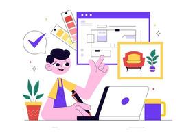 Interior Design Process Illustration with Decorator Selecting Colors and Furniture in Flat Style vector