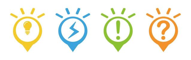 Set of colorful pin indicators, ideal for conveying concepts like innovation, quick solutions, alerts, and inquiries. modern graphic elements for engaging infographics and digital interfaces vector