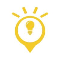 Clean yellow pin symbol with a glowing lightbulb inside, indicating creative locations, brainstorming sessions, or points of inspiration. clear graphic for maps, presentations, and web design. vector