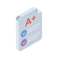 A captivating isometric icon showing a grade exam paper vector