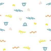 Sweet seamless pattern featuring abstract hand drawn squiggles, waves, and geometric shapes in a soft, muted color palette. Ideal for children's fashion, fabric, or cheerful digital backgrounds vector
