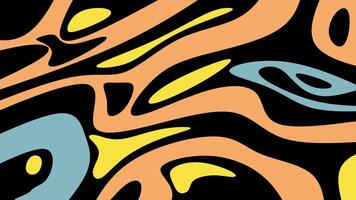 Bold abstract background featuring organic, groovy shapes and fluid lines in vibrant orange, yellow, and blue on black. Ideal for retro designs, digital art, or lively modern projects vector