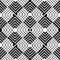 Bold seamless pattern featuring a complex geometric design with black and white lines, squares, and chevron motifs. Ideal for modern textiles, abstract backgrounds, or digital art vector