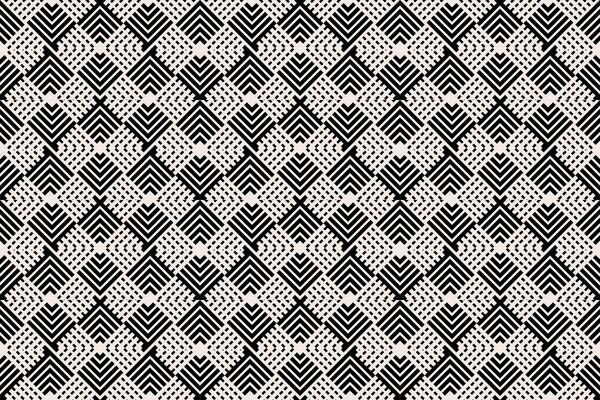 Intricate seamless pattern featuring a complex geometric design with black and white lines, creating an elegant diamond-shaped mosaic. Ideal for modern textiles, abstract backgrounds, or digital art