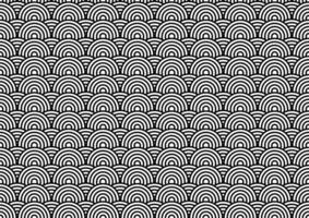 Classic seamless pattern featuring a repeating motif of black and white Japanese waves or concentric arcs. Ideal for traditional Asian themed designs, textiles, or striking graphic backgrounds vector