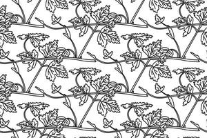 Line art seamless pattern with botanical grapevine illustration. Black outline repeating vine plant with long stem and leaves in white background. Graphic design for Birthday Fashion Cover Card vector