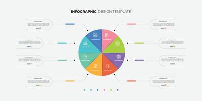 Semicircular pie chart divided into 8 colorful sectors. Concept of eight features of startup project to select. Minimal flat infographic illustration for business information visualization vector