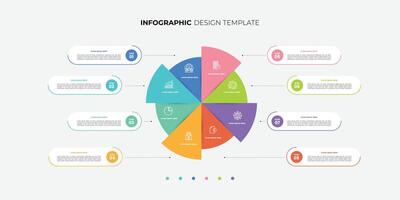 Semicircular pie chart divided into 8 colorful sectors. Concept of eight features of startup project to select. Minimal flat infographic illustration for business information visualization modern vector