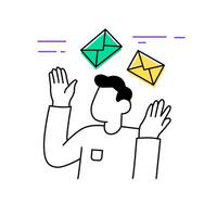 Man juggling flying email envelopes. Incoming message flat design. Digital communication concept illustration. Email overload symbol. vector