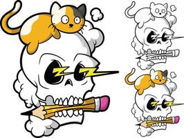 a cartoon skull with a cat on top of it vector