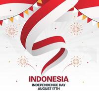 Indonesia Independence Day August 17th with waving ribbon flag and fireworks on dotted map sunburst background vector