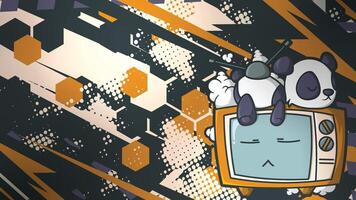 Cute Panda Sleeps on a Retro TV with a Futuristic Geometric Background vector