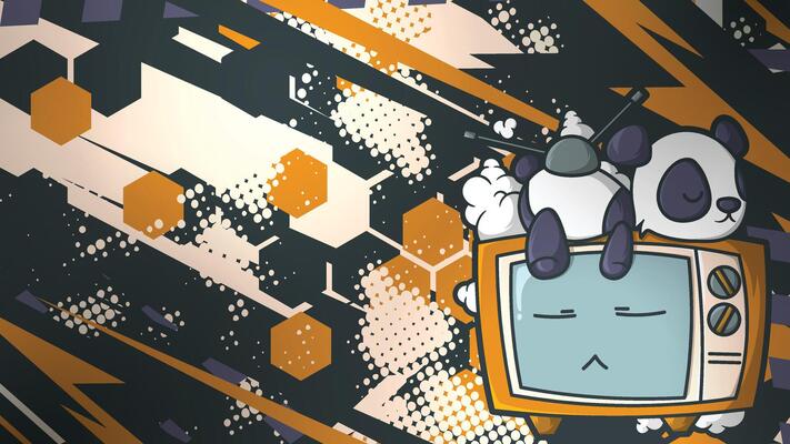 Cute Panda Sleeps on a Retro TV with a Futuristic Geometric Background