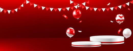 red and white 3d podium, balloons, confetti and fabric with space for text, great for special indonesian independence day promotion, poland independence day or canada independence day. vector