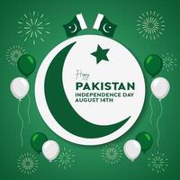 Happy Pakistan Independence Day August 14th with cresent moon star balloon fireworks on isolated background vector