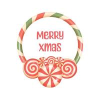 Candy cane Christmas poster with round frame and Merry Xmas text vector