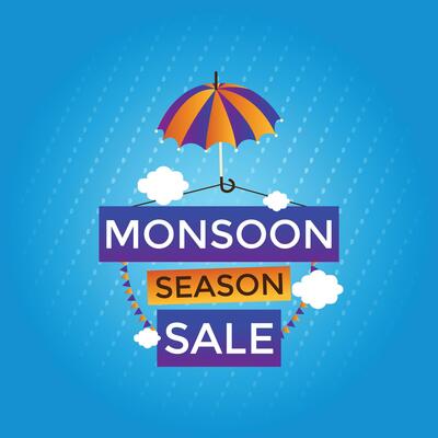 Monsoon season special sale banner featuring rain background, colorful umbrella, and clouds. Big discount offer for online shopping. Ideal for poster, banner, flyer, or card design