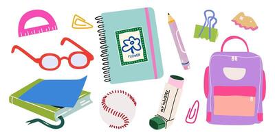 Children's school retro groovy elements. Backpack, stationery, textbooks and notebooks, glasses, ruler. Bundle of accessories for lessons, items for education. Back to school stickers collection vector