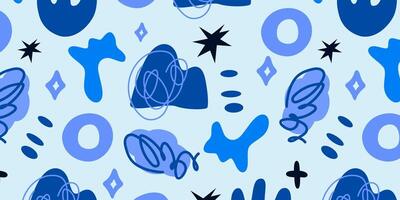Seamless pattern with abstract blue shapes and doodle elements. Hand drawn modern trendy illustration for print, poster, textile, background, wrapping paper. Trendy hippie funky shapes vector