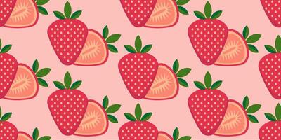 Bright and colorful seamless pattern with strawberries. Whole and halves of strawberries with green leaves on light pink background vector