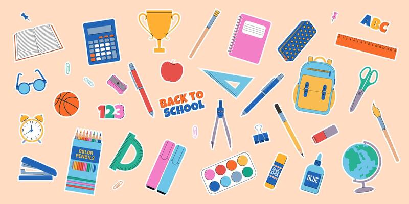 Back to school. School supplies sticker set. illustration.