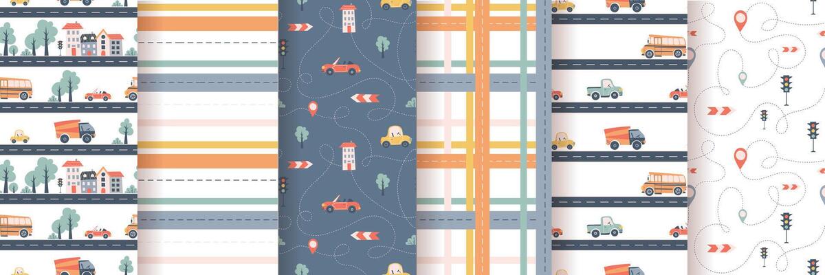 Kids seamless pattern, car, bus and road. Perfect for fabric , digital paper, cards