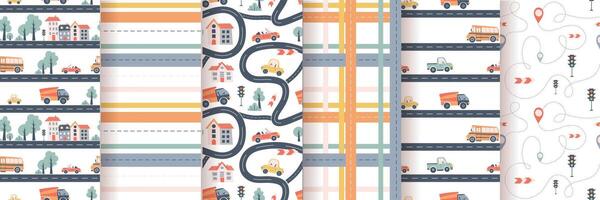 Kids seamless patterns set with car, bus and road. Perfect for fabric , digital paper, cards vector