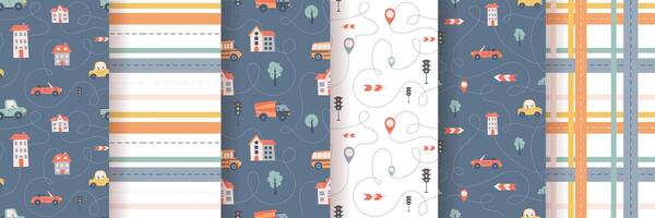 Kids seamless pattern with car, bus and road. Perfect for fabric , digital paper vector