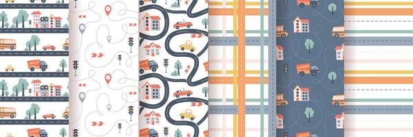 Kids seamless pattern with car, bus and road. For fabric , digital paper, cards vector