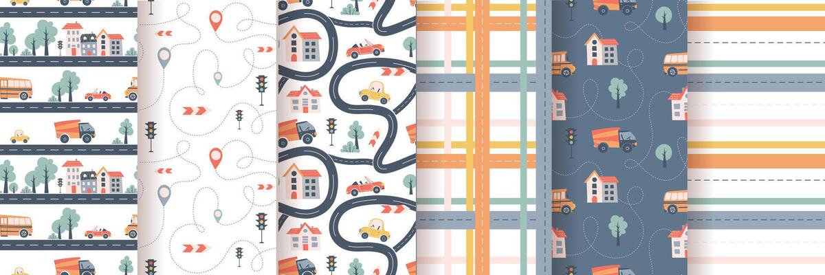 Kids seamless pattern with car, bus and road. For fabric , digital paper, cards