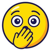 Surprised Face Emoji Illustration with Open Eyes and Hand Over Mouth, Shocked Expression in Cartoon Style on White Background vector