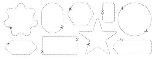 Cut here icon. Set of scissors cutting shape, paper cut here icon with dotted line for ticket, coupon, promo code vector