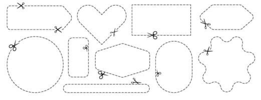 Cut here icon. Set of scissors cutting shape, paper cut here icon with dotted line for ticket, coupon vector