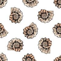 Hand drawn vintage seamless pattern of beige spiral seashells in engraving sketch style for ocean designs vector