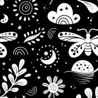 Seamless neo folk art pattern with butterfly, moth and flowers, black and white floral design. vector