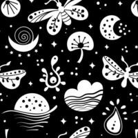 Seamless neo folk art pattern with butterfly, moth and flowers, black and white floral design. Neo folk style endless background perfect for textile design vector