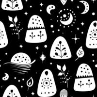 Seamless neo folk art pattern with mountains, moon and flowers, black and white floral design. Neo folk style endless background vector