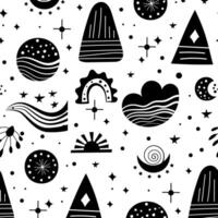 Seamless neo folk art pattern with mountains, moon and flowers, black and white floral design. Neo folk style endless background perfect for textile design vector