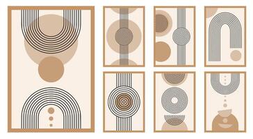 Zen arch poster set, simple line arch shapes. Geometric Japanese zen pattern minimal elements. Boho style strips vector