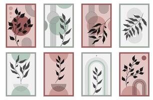 Zen arch poster with botanical element, simple line arch shapes, and leavs. Geometric Japanese zen pattern minimal elements. Boho style strips vector