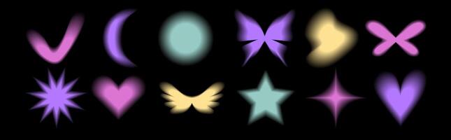 Set y2k aura. Blurred heart, butterfly and stars aura in trendy style y2k vector