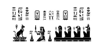 Egyptian papyrus with gods and goddesses offering sacrifices to cats in silhouette. vector