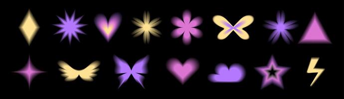 Set y2k aura. Blurred heart, butterfly and stars style y2k vector