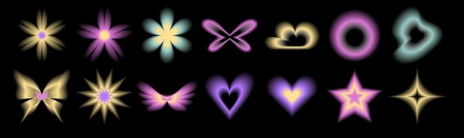 Set y2k aura. Blurred heart, butterfly and stars with aura in style y2k vector