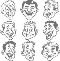 Nine Grey Scale Cartoon Silhouettes of Smiling Men with Varying Hairstyles and Expressions Depicting Joyful and Playful Characters vector
