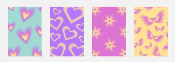 Set brochure y2k aura. Blurred heart, butterfly and stars with aura vector