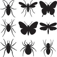 Nine Black Insect Silhouettes Collection Spiders Butterflies Moths Beetles Graphic Design Elements Illustration vector
