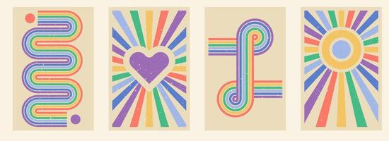 Zen arch poster set, retro style simple line arch and shapes. Geometric rainbow Japanese zen pattern, minimal elements. Boho style strips vector
