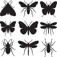 Nine Black Insect Silhouettes Moth Butterfly Spider Dragonfly Collection Graphic Design Elements vector